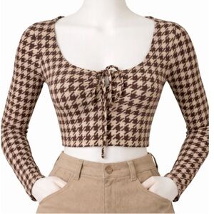 PacSun 70s Inspired Retro Brown and Cream Houndstooth Crop Top Y2K